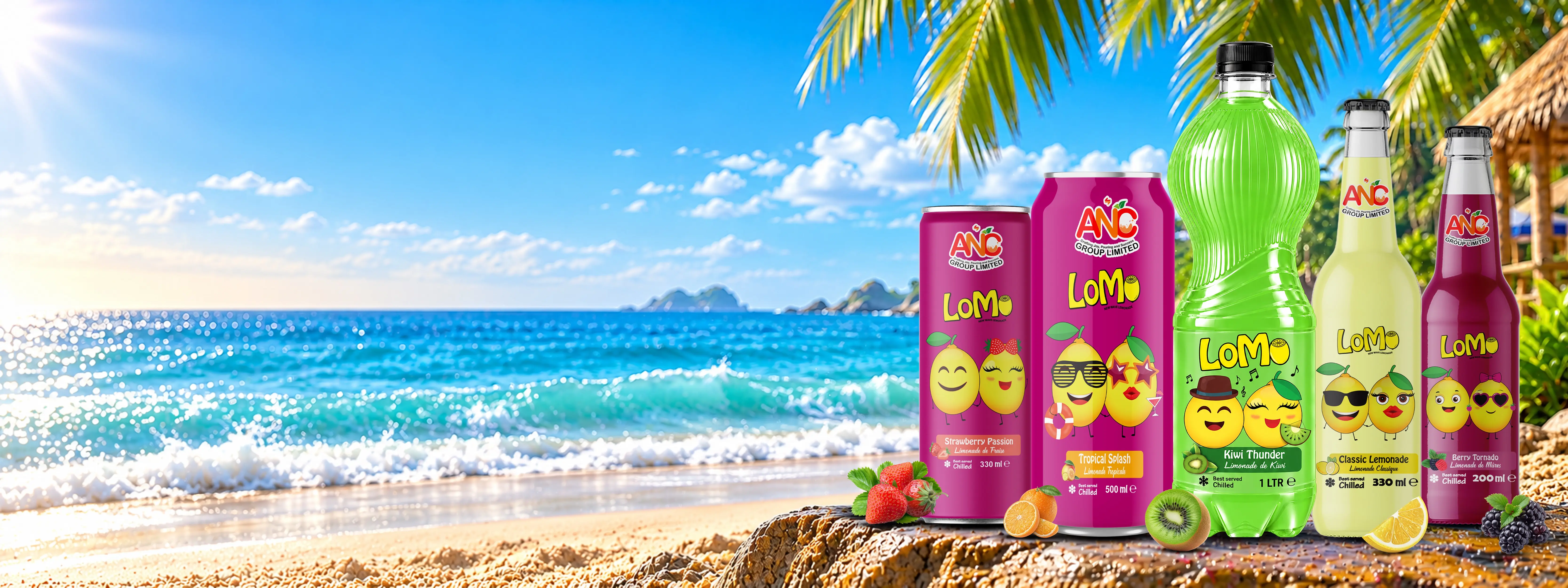 LoMo drink range in cans, PET and glass bottles displayed on a tropical beach with fresh fruit and ocean background.